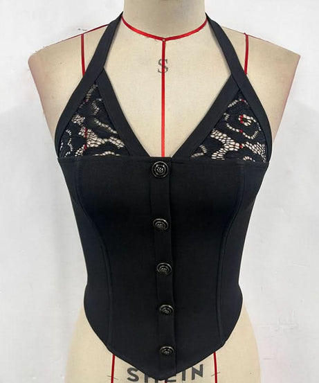 Gothic Romance Black Lace Halter Corset Top - Fall Nights & Statement Style