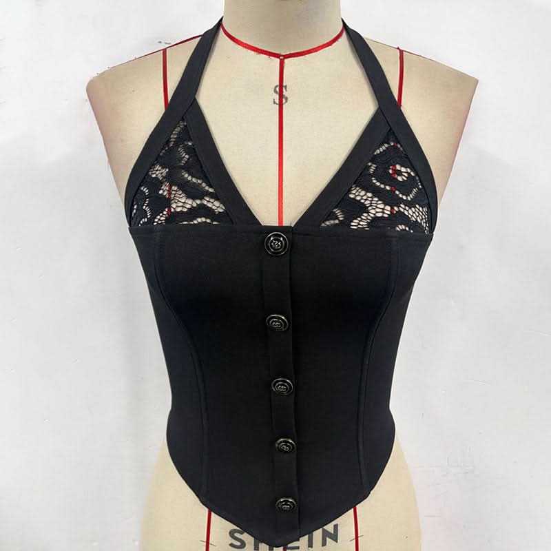 Gothic Romance Black Lace Halter Corset Top - Fall Nights & Statement Style