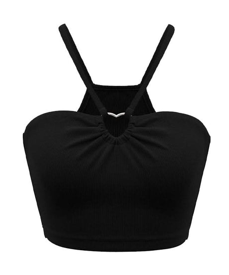 Trendy Black Ribbed Halter Crop Top with Front Ring Detail | Chic Fall Outings & Layering