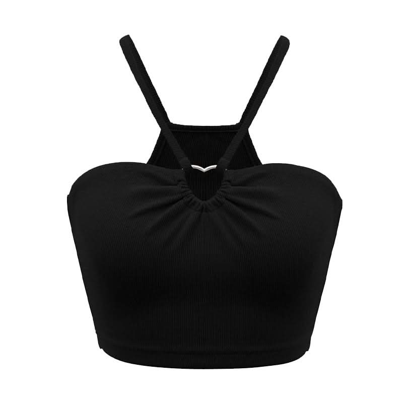 Trendy Black Ribbed Halter Crop Top with Front Ring Detail | Chic Fall Outings & Layering