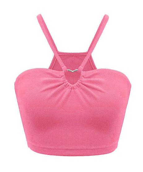 Trendy Black Ribbed Halter Crop Top with Front Ring Detail | Chic Fall Outings & Layering