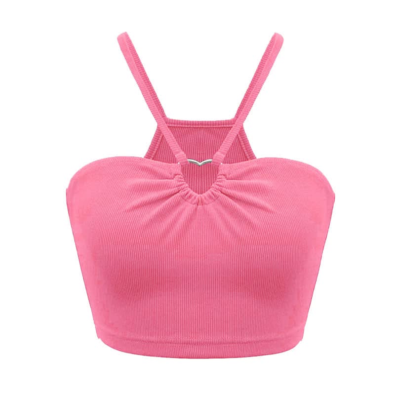 Trendy Black Ribbed Halter Crop Top with Front Ring Detail | Chic Fall Outings & Layering