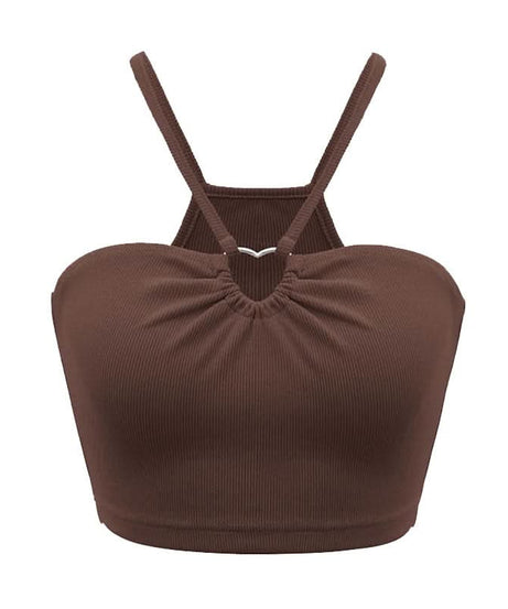 Trendy Black Ribbed Halter Crop Top with Front Ring Detail | Chic Fall Outings & Layering