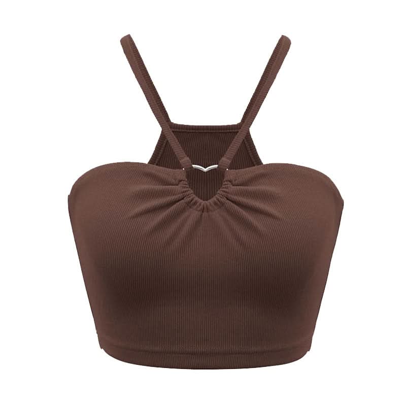 Trendy Black Ribbed Halter Crop Top with Front Ring Detail | Chic Fall Outings & Layering