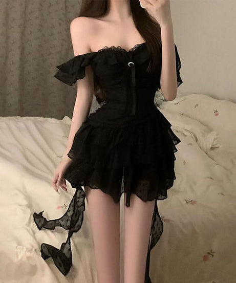 Enchanting Black Ruffle Mini Dress – Off-Shoulder Witchy Chic for Halloween & Fall Nights