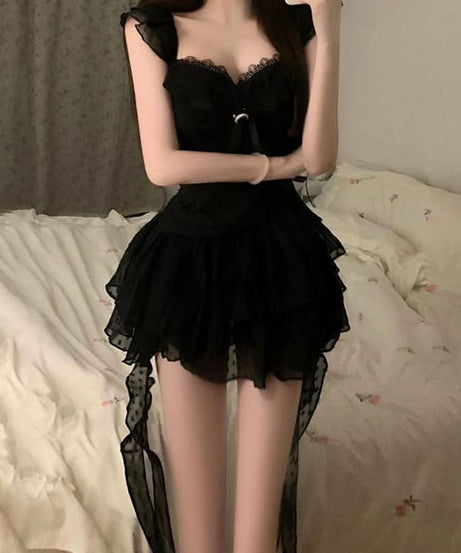 Enchanting Black Ruffle Mini Dress – Off-Shoulder Witchy Chic for Halloween & Fall Nights