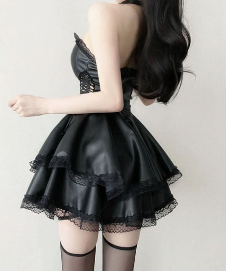Spooky Season Stunner: Faux Leather & Lace Goth Mini Dress - Perfect for Halloween & Club Nights