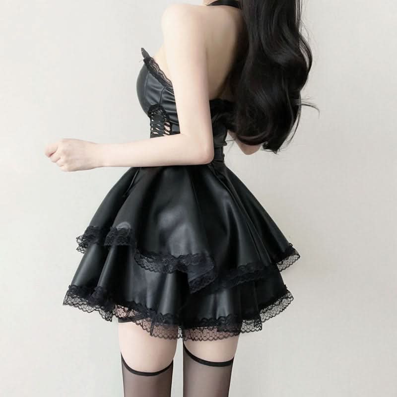 Spooky Season Stunner: Faux Leather & Lace Goth Mini Dress - Perfect for Halloween & Club Nights