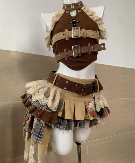 Steampunk Siren Buckle & Plaid Mini Skirt Set - Edgy Fall Festival & Halloween Outfit