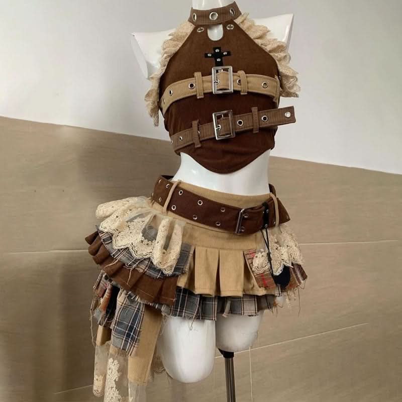 Steampunk Siren Buckle & Plaid Mini Skirt Set - Edgy Fall Festival & Halloween Outfit