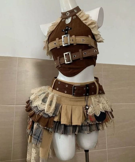 Steampunk Siren Buckle & Plaid Mini Skirt Set - Edgy Fall Festival & Halloween Outfit