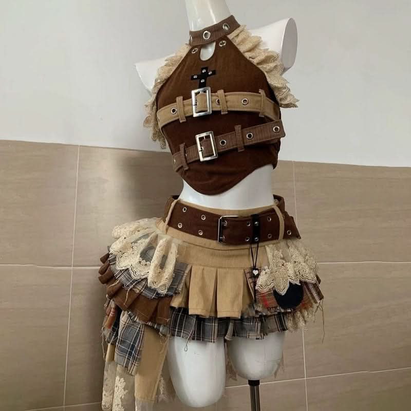 Steampunk Siren Buckle & Plaid Mini Skirt Set - Edgy Fall Festival & Halloween Outfit