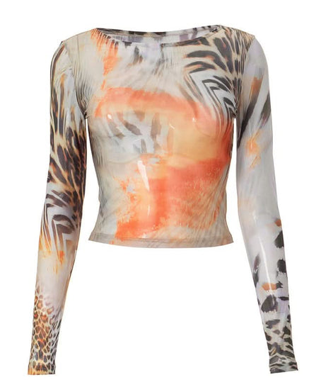 Fierce Fall Abstract Animal Print Mesh Long Sleeve Top - Orange Haze Y2K Style