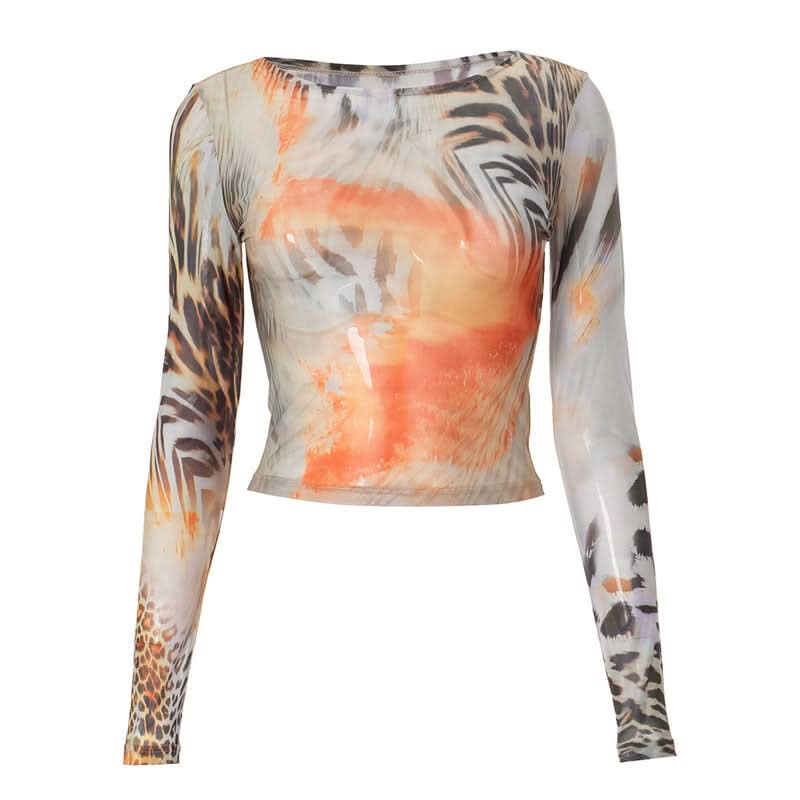 Fierce Fall Abstract Animal Print Mesh Long Sleeve Top - Orange Haze Y2K Style