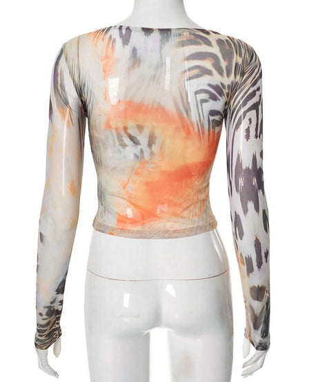 Fierce Fall Abstract Animal Print Mesh Long Sleeve Top - Orange Haze Y2K Style