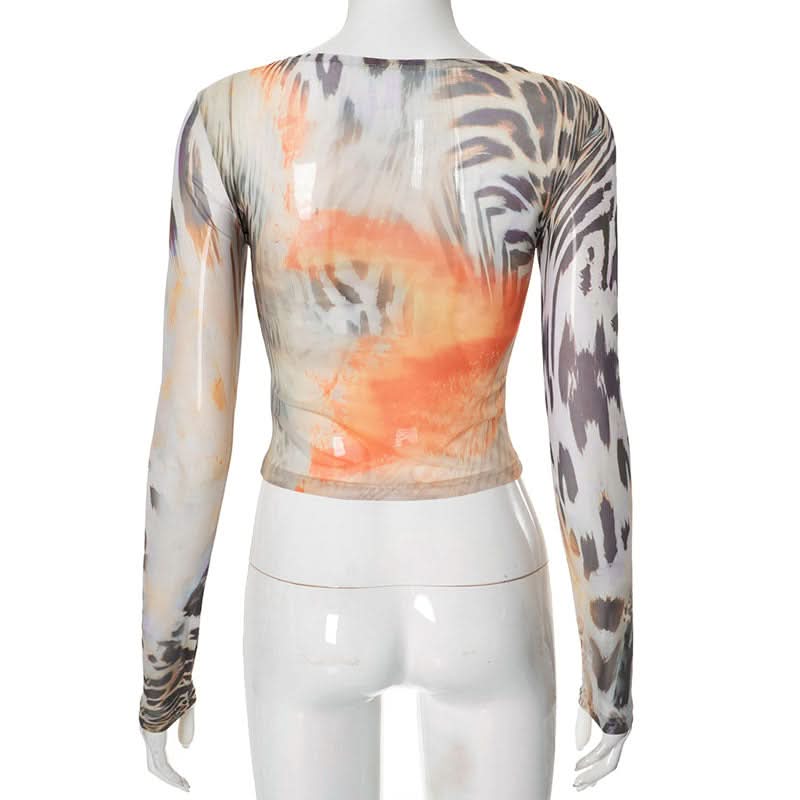 Fierce Fall Abstract Animal Print Mesh Long Sleeve Top - Orange Haze Y2K Style