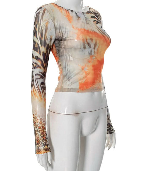 Fierce Fall Abstract Animal Print Mesh Long Sleeve Top - Orange Haze Y2K Style