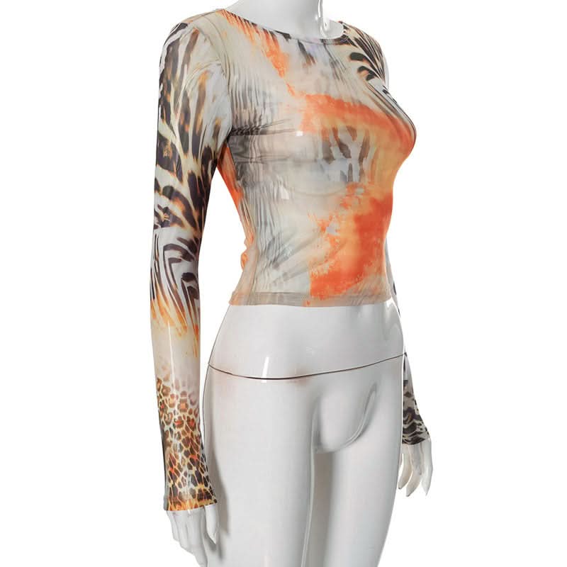 Fierce Fall Abstract Animal Print Mesh Long Sleeve Top - Orange Haze Y2K Style