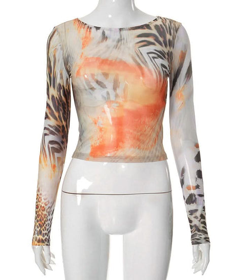 Fierce Fall Abstract Animal Print Mesh Long Sleeve Top - Orange Haze Y2K Style