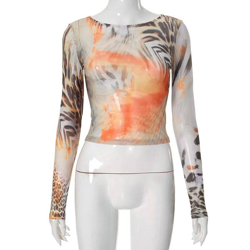 Fierce Fall Abstract Animal Print Mesh Long Sleeve Top - Orange Haze Y2K Style