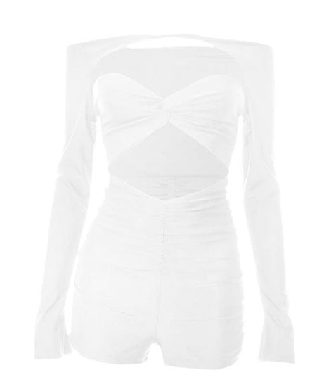 Sultry Black Off-Shoulder Cutout Romper - Ruched Bodycon Long Sleeve for Fall Nights & Party Season