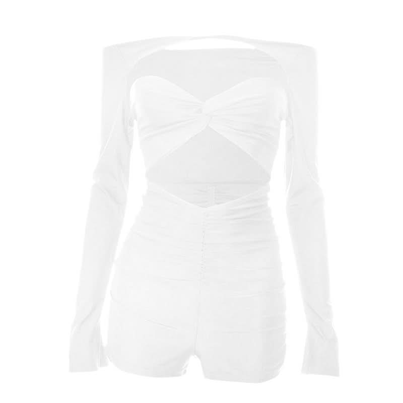 Sultry Black Off-Shoulder Cutout Romper - Ruched Bodycon Long Sleeve for Fall Nights & Party Season