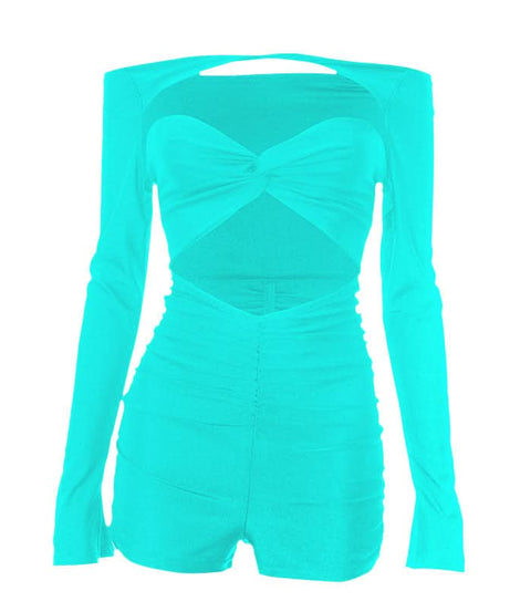 Sultry Black Off-Shoulder Cutout Romper - Ruched Bodycon Long Sleeve for Fall Nights & Party Season