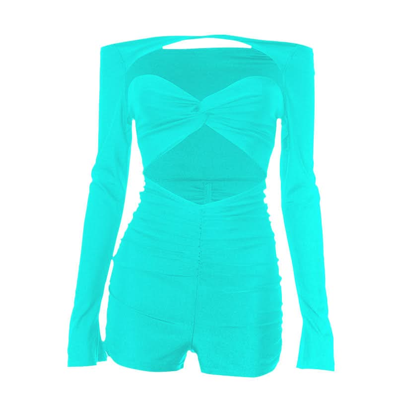 Sultry Black Off-Shoulder Cutout Romper - Ruched Bodycon Long Sleeve for Fall Nights & Party Season