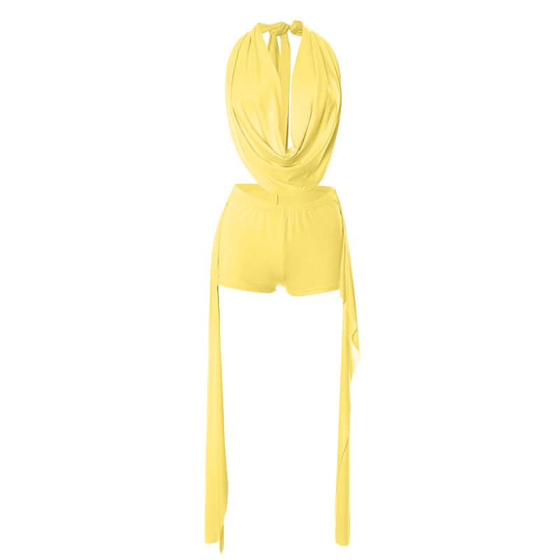 Midnight Glam Halter Cowl Neck Shorts Set - Daring Black Ensemble for Fall Parties