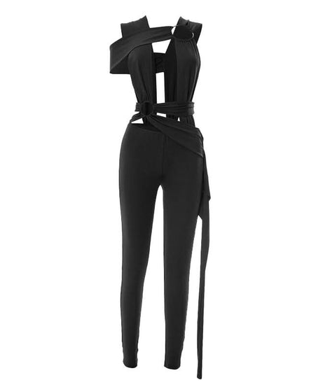 Striking Red Asymmetrical O-Ring Jumpsuit | Chic Cutout Wrap Tie for Fall & Holiday Parties