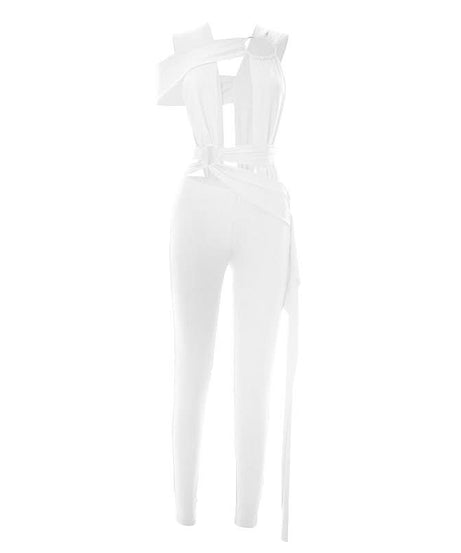 Striking Red Asymmetrical O-Ring Jumpsuit | Chic Cutout Wrap Tie for Fall & Holiday Parties