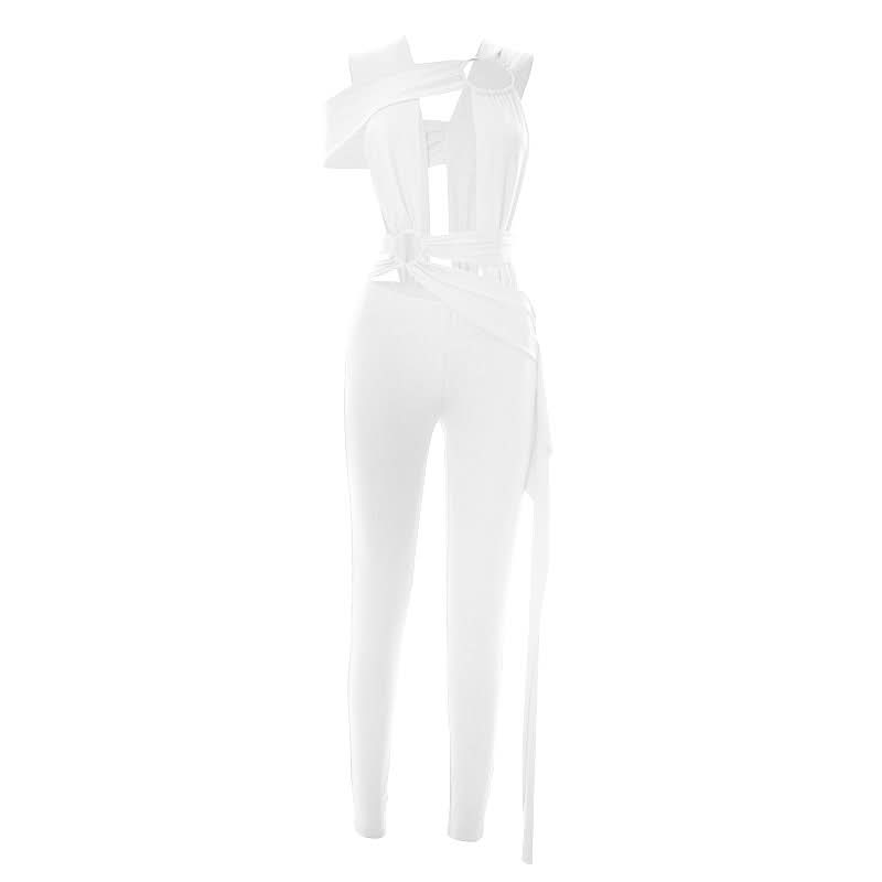 Striking Red Asymmetrical O-Ring Jumpsuit | Chic Cutout Wrap Tie for Fall & Holiday Parties