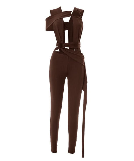 Striking Red Asymmetrical O-Ring Jumpsuit | Chic Cutout Wrap Tie for Fall & Holiday Parties