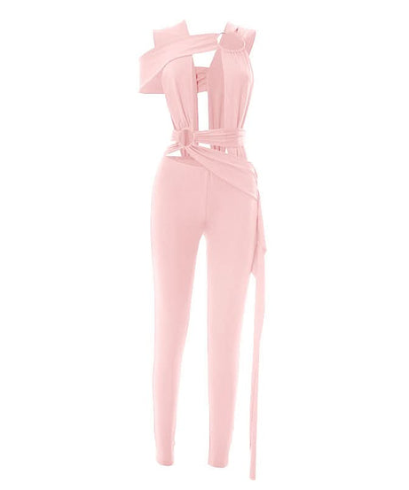 Striking Red Asymmetrical O-Ring Jumpsuit | Chic Cutout Wrap Tie for Fall & Holiday Parties