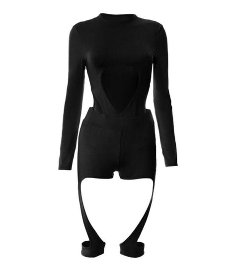 Slay the Night: Black Cut-Out Long Sleeve Romper with Strappy Detail - Fall Party & Clubwear