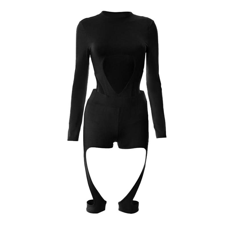 Slay the Night: Black Cut-Out Long Sleeve Romper with Strappy Detail - Fall Party & Clubwear