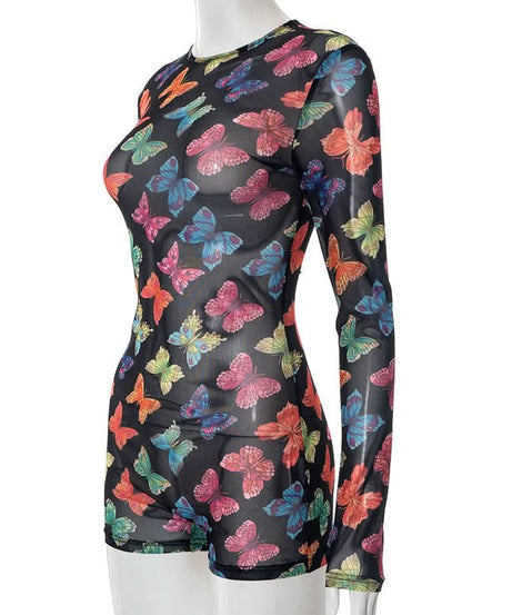 Vibrant Butterfly Sheer Mesh Romper | Long Sleeve Bodycon for Fall Parties, Halloween & Night Outs