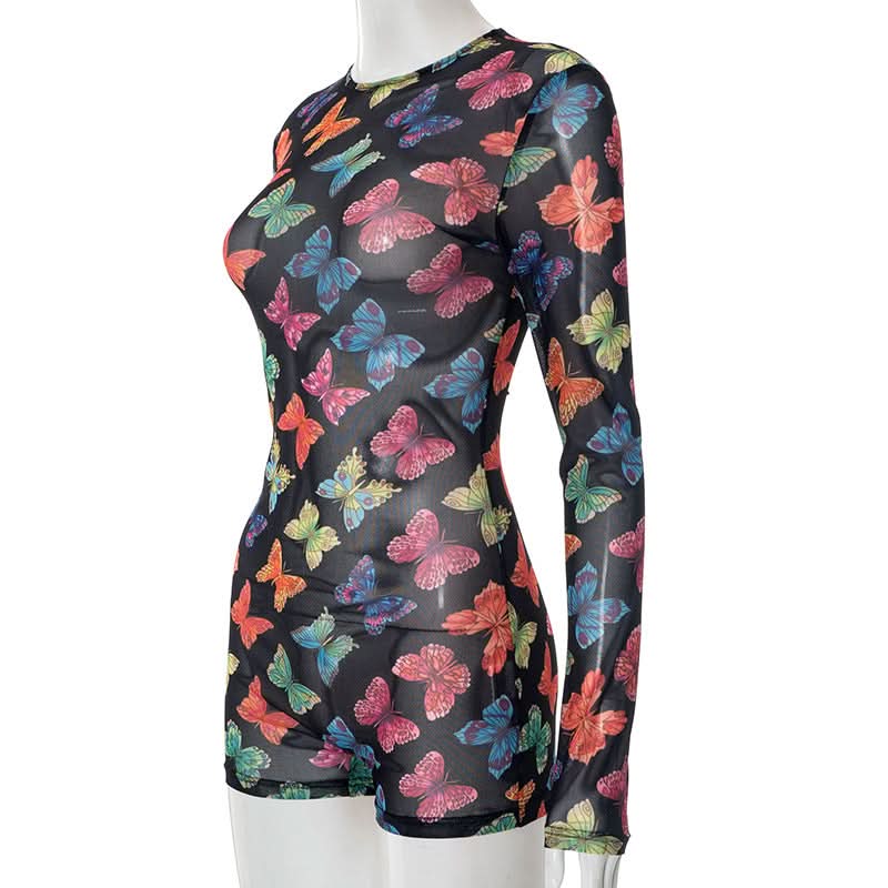 Vibrant Butterfly Sheer Mesh Romper | Long Sleeve Bodycon for Fall Parties, Halloween & Night Outs