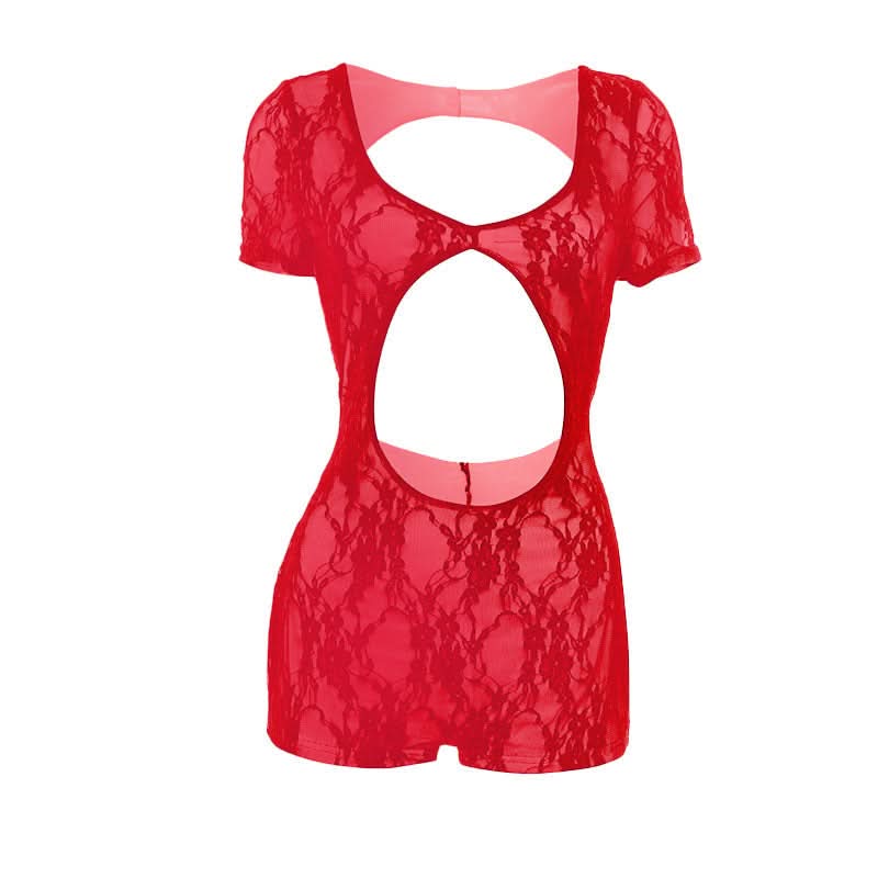 Sultry Black Lace Cutout Romper | Short Sleeve Bodycon Playsuit for Fall & Holiday Nights