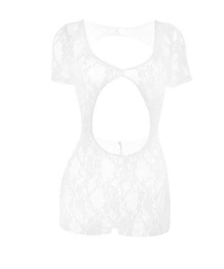 Sultry Black Lace Cutout Romper | Short Sleeve Bodycon Playsuit for Fall & Holiday Nights