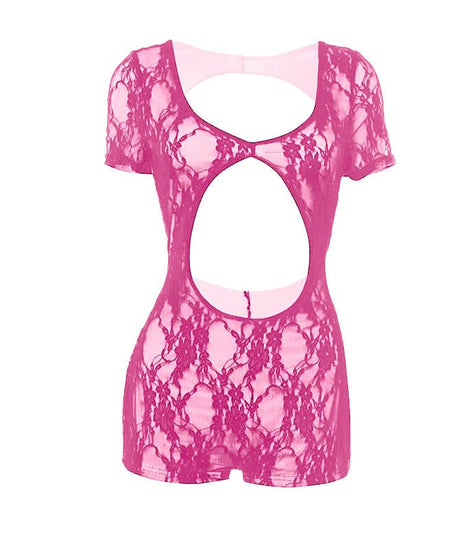 Sultry Black Lace Cutout Romper | Short Sleeve Bodycon Playsuit for Fall & Holiday Nights