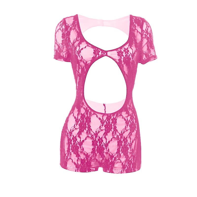 Sultry Black Lace Cutout Romper | Short Sleeve Bodycon Playsuit for Fall & Holiday Nights