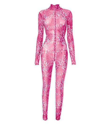 Wild Instincts: Red Leopard Mesh Jumpsuit – High Neck Sheer Bodycon for Fall Parties