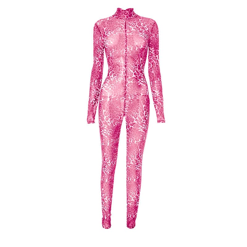 Wild Instincts: Red Leopard Mesh Jumpsuit – High Neck Sheer Bodycon for Fall Parties