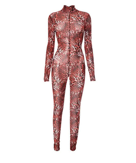Wild Instincts: Red Leopard Mesh Jumpsuit – High Neck Sheer Bodycon for Fall Parties