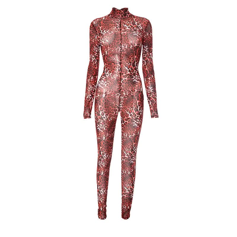 Wild Instincts: Red Leopard Mesh Jumpsuit – High Neck Sheer Bodycon for Fall Parties