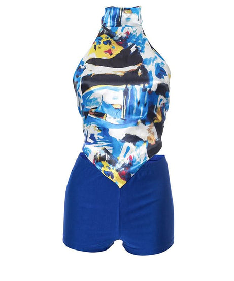 Vibrant Abstract Halter Top & Royal Blue Shorts Set - Your Chic Fall Getaway Essential