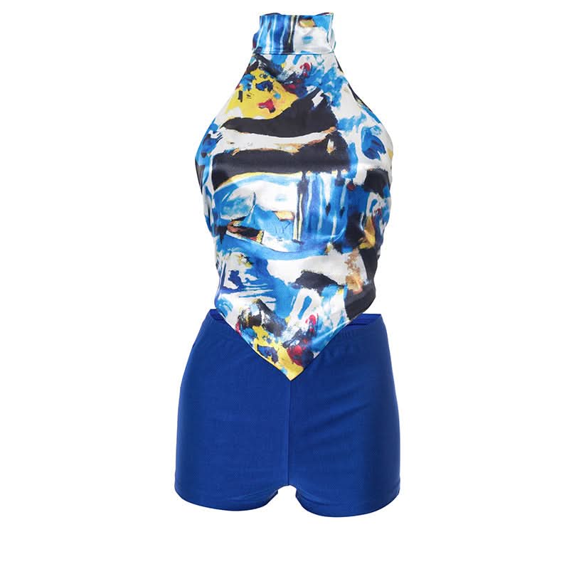 Vibrant Abstract Halter Top & Royal Blue Shorts Set - Your Chic Fall Getaway Essential