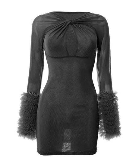 Seductive Black Mesh Cutout Mini Dress with Ruffle Sleeves | Fall & Halloween Party Ready