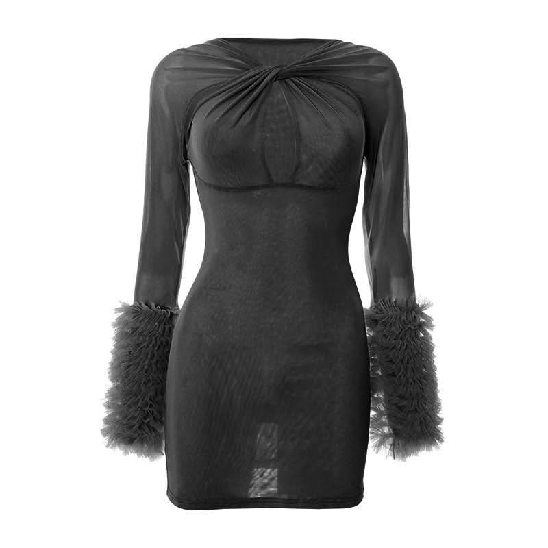 Seductive Black Mesh Cutout Mini Dress with Ruffle Sleeves | Fall & Halloween Party Ready